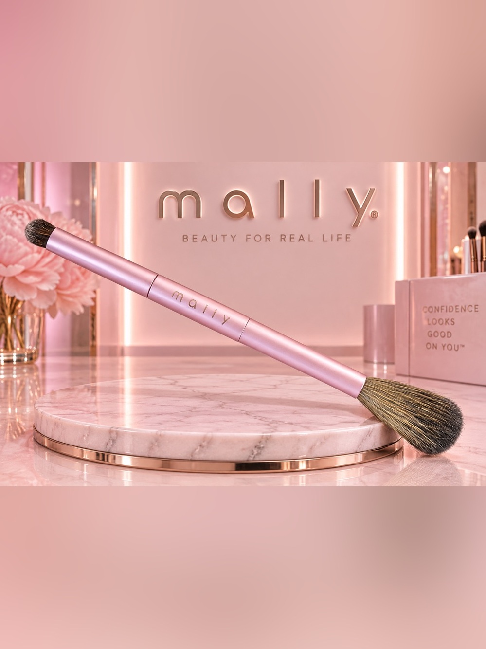Mally Beauty Dual-Ended Makeup Brush in Pink with Natural Bristles
